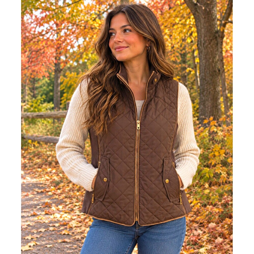C'EST TOI Women's Brown Quilted Vest Size S Full Zip Stand Collar Pockets